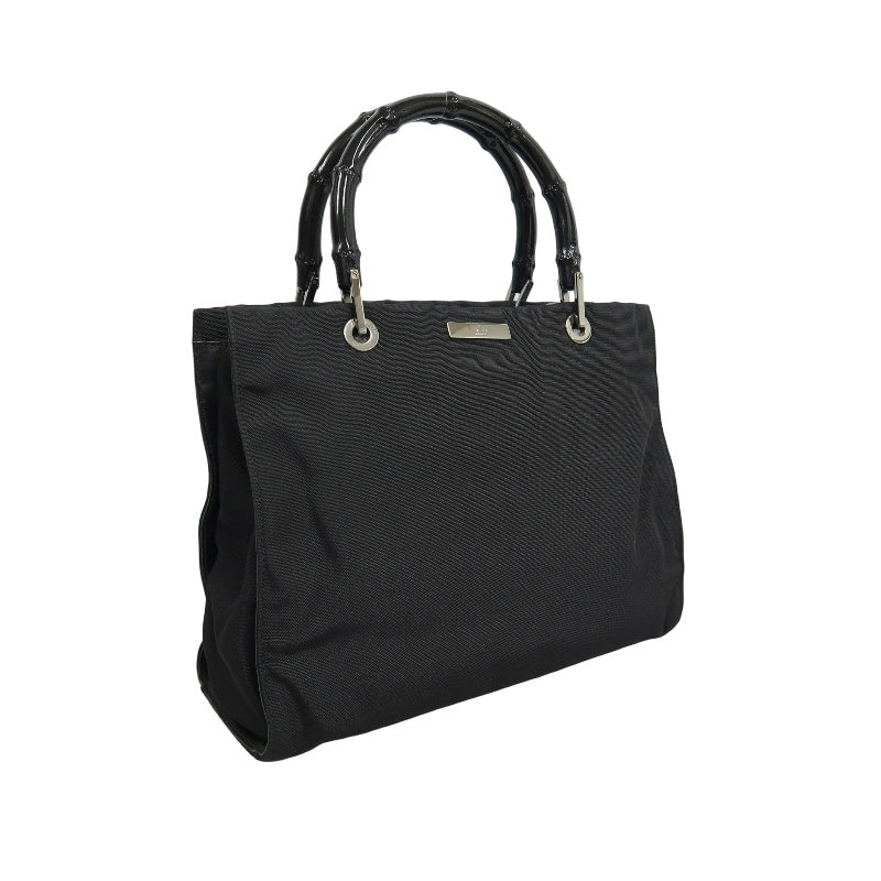 GUCCI Bamboo Handbag Tote Nylon Black Silver Hardware 自定义贴士：