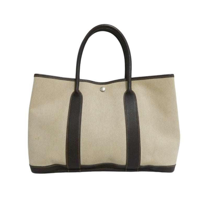 HERMES Garden Party PM Tote Bag Handbag  Toile H Canvas  Beige Dark Brown Silver Hardware