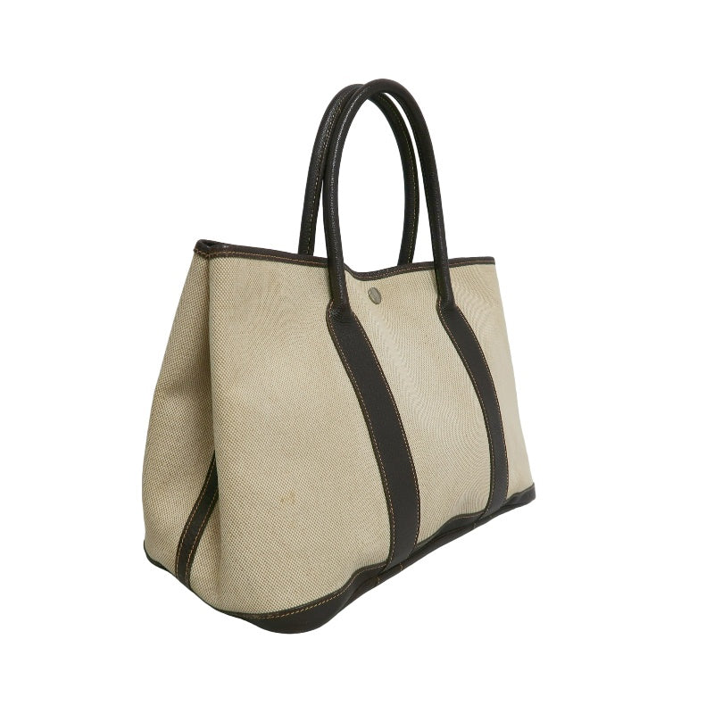 HERMES Garden Party PM Tote Bag Handbag  Toile H Canvas  Beige Dark Brown Silver Hardware