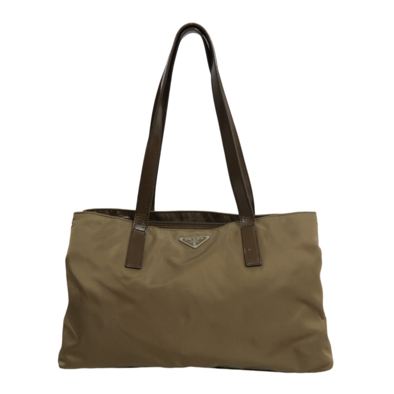 PRADA Tote Bag Shoulder Bag Nylon Leather Beige Silver Hardware