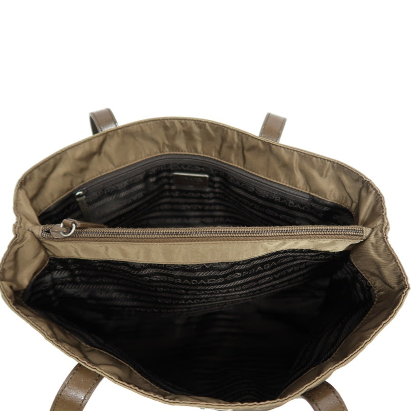 PRADA Tote Bag Shoulder Bag Nylon Leather Beige Silver Hardware
