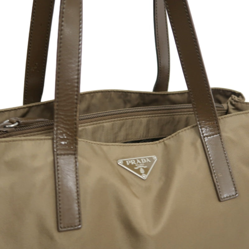 PRADA Tote Bag Shoulder Bag Nylon Leather Beige Silver Hardware