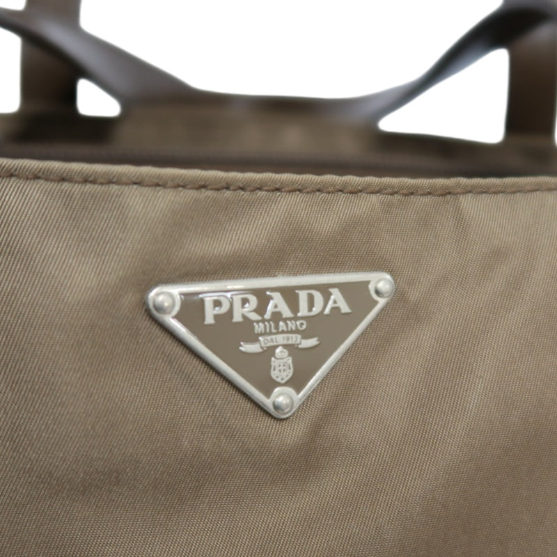 PRADA Tote Bag Shoulder Bag Nylon Leather Beige Silver Hardware