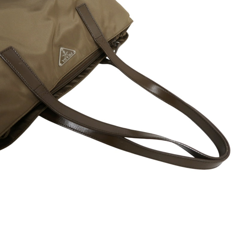 PRADA Tote Bag Shoulder Bag Nylon Leather Beige Silver Hardware