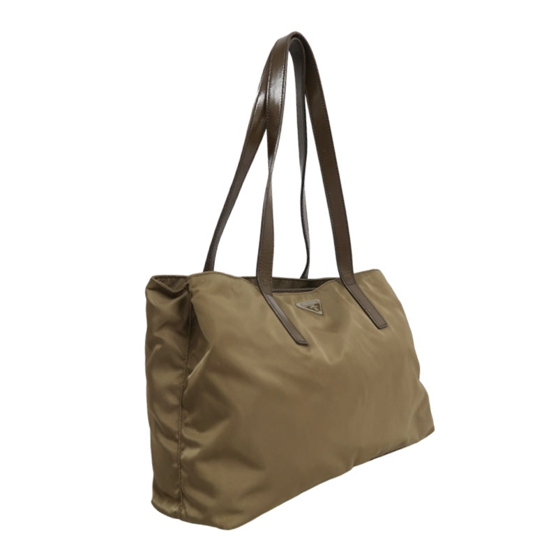 PRADA Tote Bag Shoulder Bag Nylon Leather Beige Silver Hardware