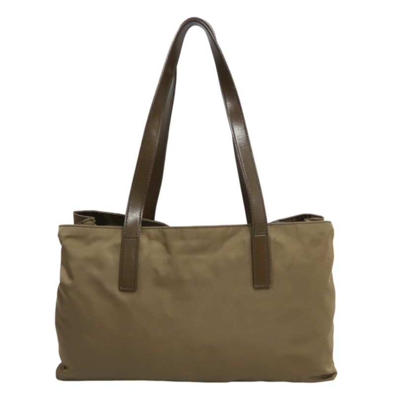 PRADA Tote Bag Shoulder Bag Nylon Leather Beige Silver Hardware