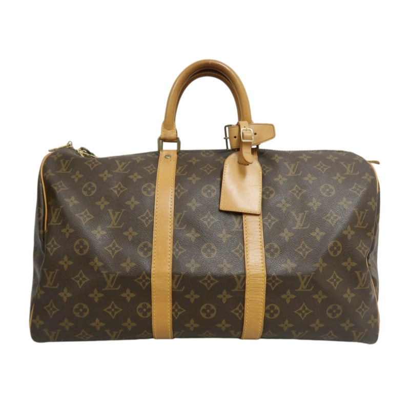 LOUIS VUITTON Monogram Canvas Leather Keepall 45 Travel Bag In Brown With Gold Hardware Including Padlock (No Key), Name Tag And Dust Bag