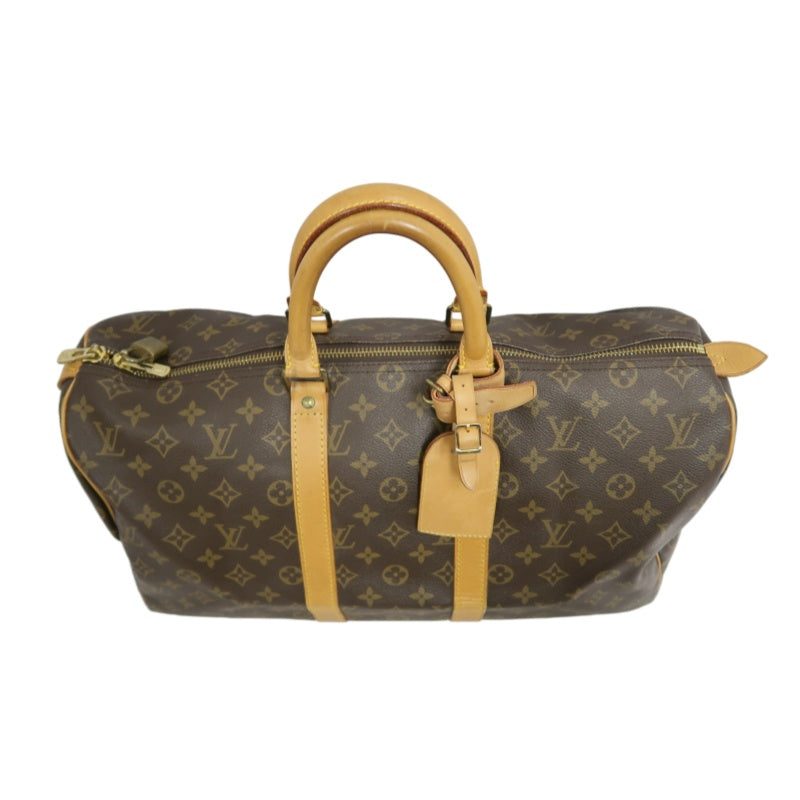 LOUIS VUITTON Monogram Canvas Leather Keepall 45 Travel Bag In Brown With Gold Hardware Including Padlock (No Key), Name Tag And Dust Bag