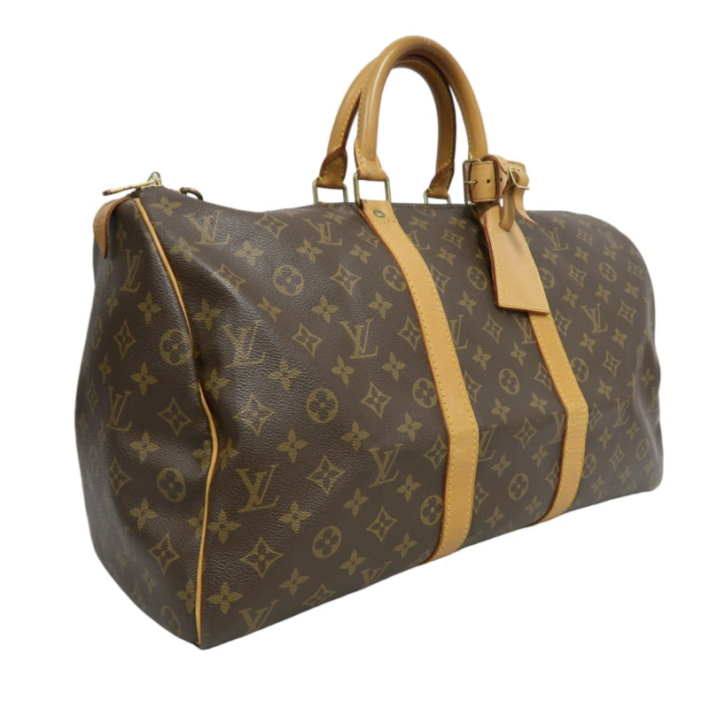 LOUIS VUITTON Monogram Canvas Leather Keepall 45 Travel Bag In Brown With Gold Hardware Including Padlock (No Key), Name Tag And Dust Bag