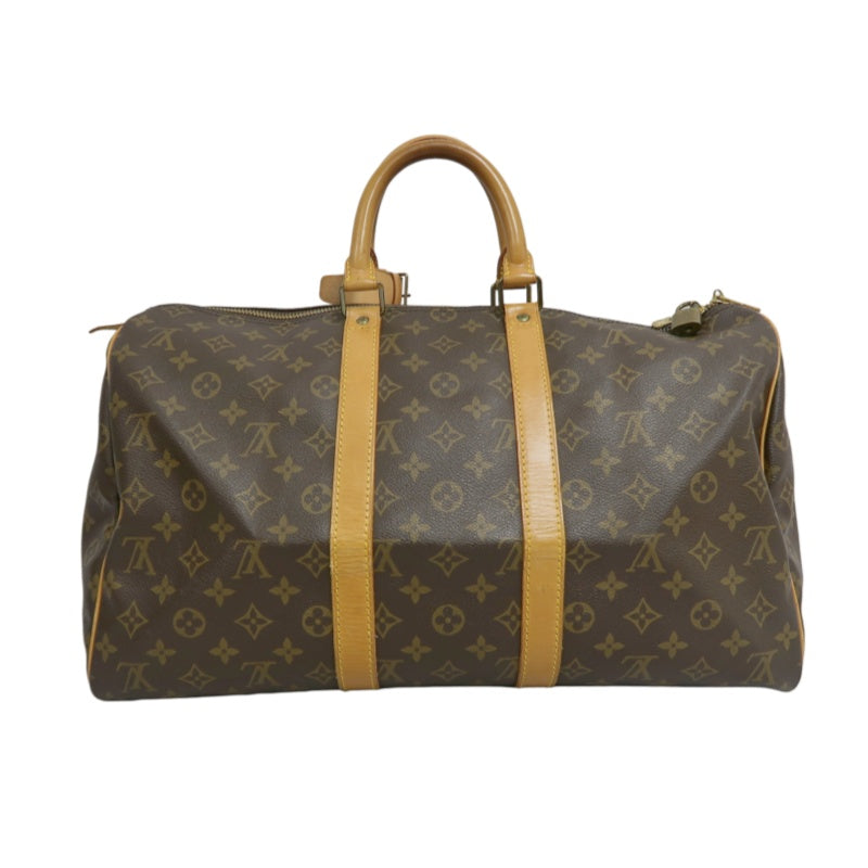 LOUIS VUITTON Monogram Canvas Leather Keepall 45 Travel Bag In Brown With Gold Hardware Including Padlock (No Key), Name Tag And Dust Bag