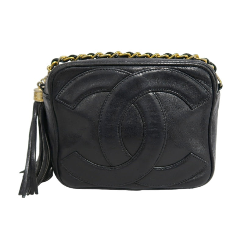CHANEL Vintage Deca Coco Big CC Logo Fringe lambskin Chain Shoulder Bag Black Gold Hardware