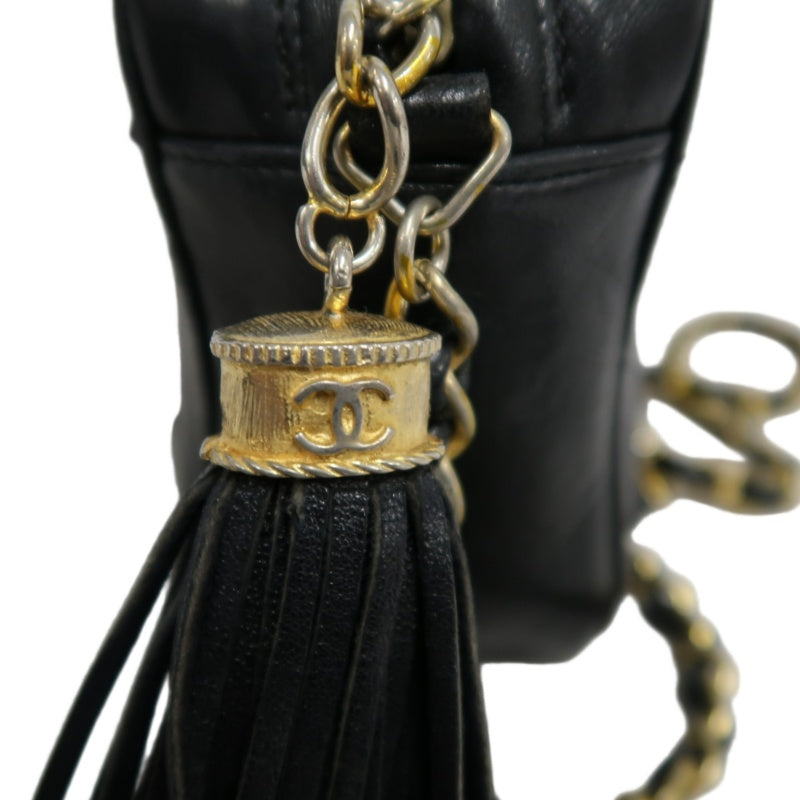 CHANEL Vintage Deca Coco Big CC Logo Fringe lambskin Chain Shoulder Bag Black Gold Hardware