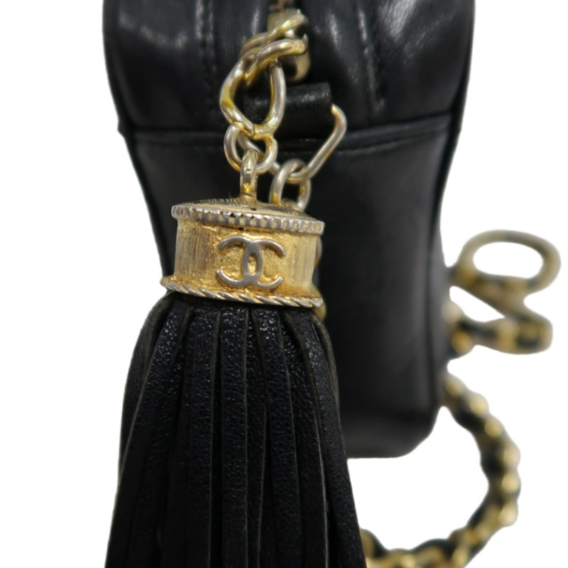 CHANEL Vintage Deca Coco Big CC Logo Fringe lambskin Chain Shoulder Bag Black Gold Hardware