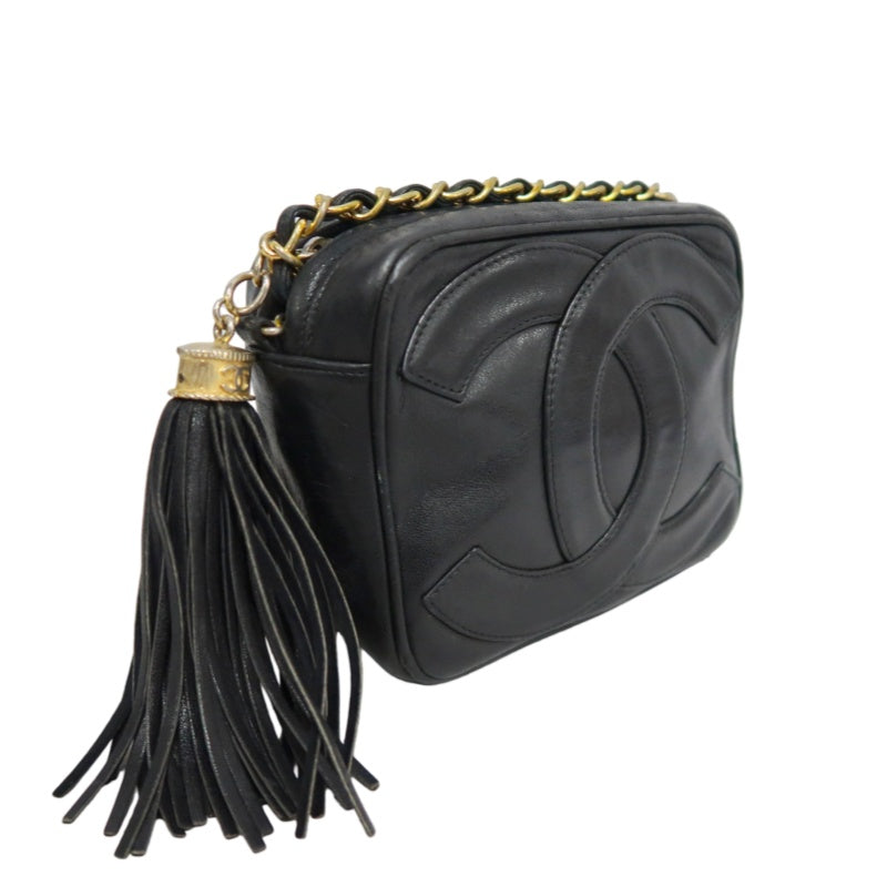 CHANEL Vintage Deca Coco Big CC Logo Fringe lambskin Chain Shoulder Bag Black Gold Hardware