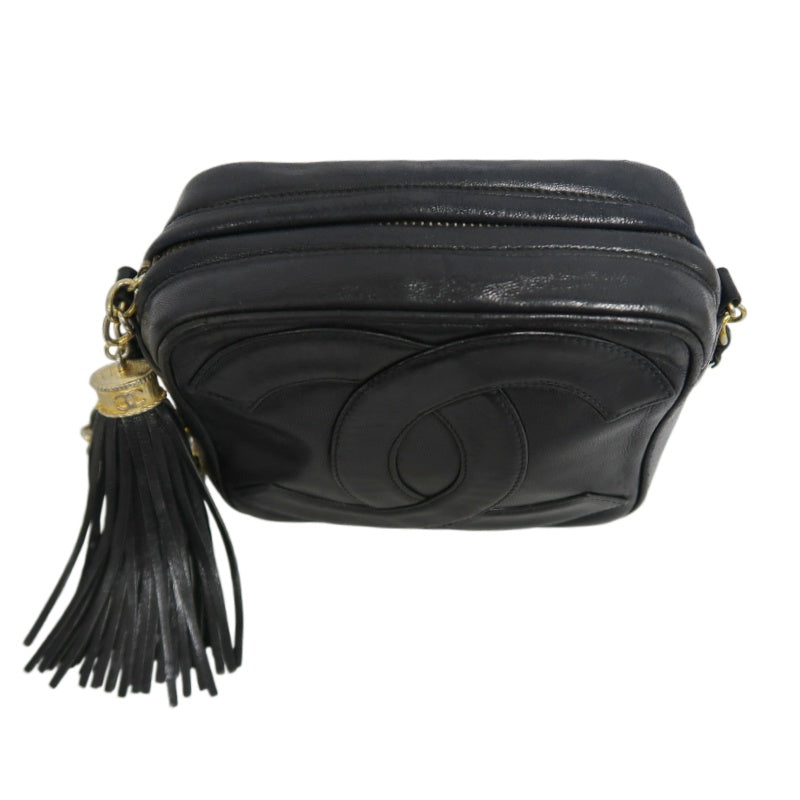 CHANEL Vintage Deca Coco Big CC Logo Fringe lambskin Chain Shoulder Bag Black Gold Hardware