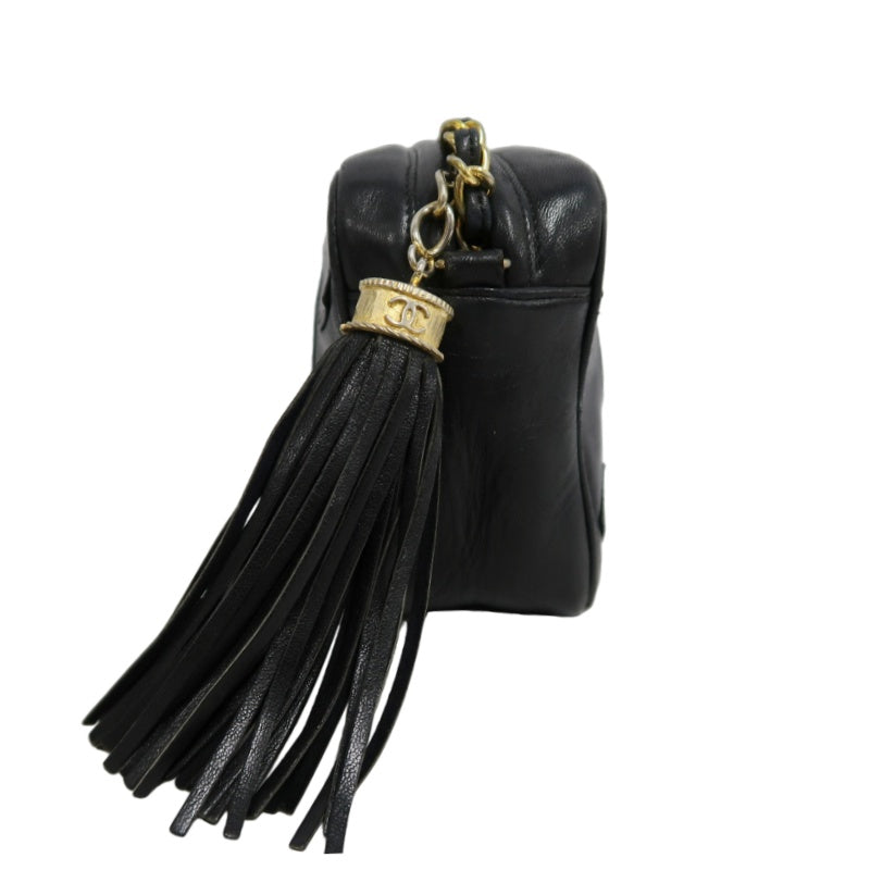 CHANEL Vintage Deca Coco Big CC Logo Fringe lambskin Chain Shoulder Bag Black Gold Hardware