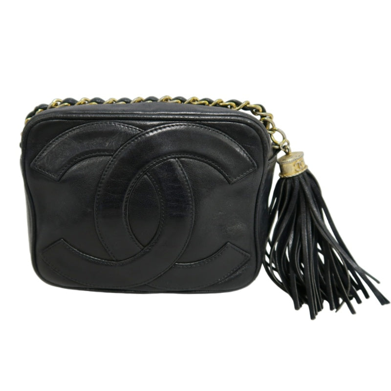 CHANEL Vintage Deca Coco Big CC Logo Fringe lambskin Chain Shoulder Bag Black Gold Hardware