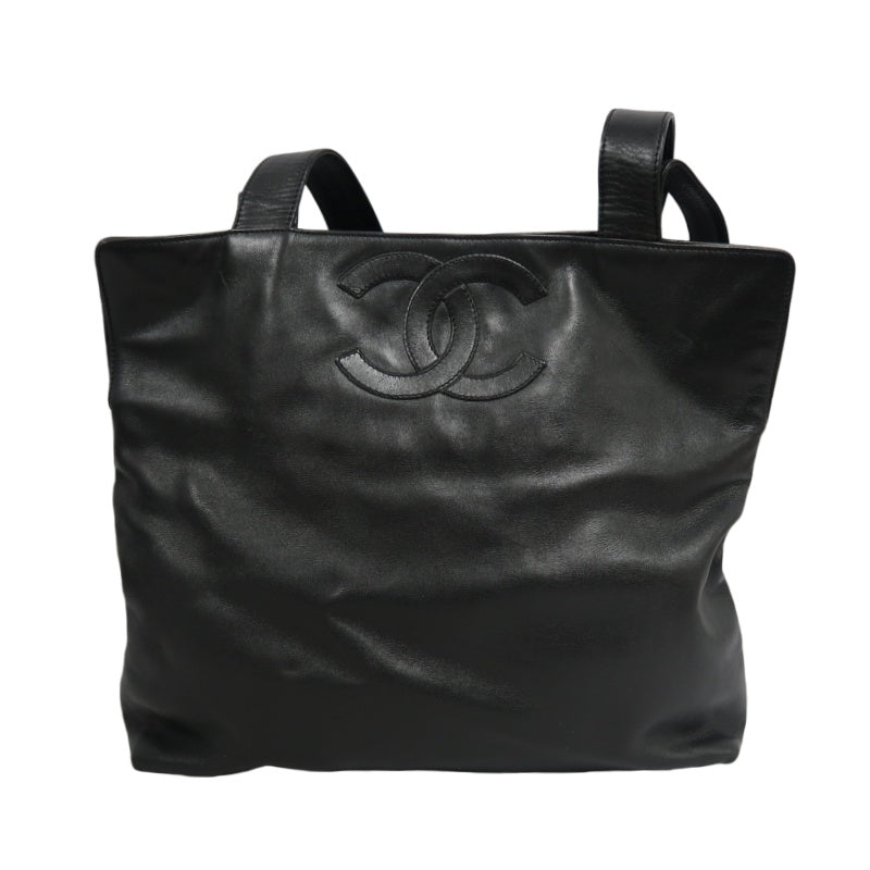 CHANEL Embossed CC Coco Logo Leather Tote Bag Black Silver Hardware