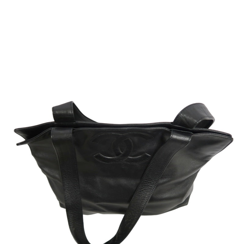 CHANEL Embossed CC Coco Logo Leather Tote Bag Black Silver Hardware
