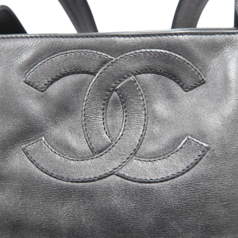 CHANEL Embossed CC Coco Logo Leather Tote Bag Black Silver Hardware