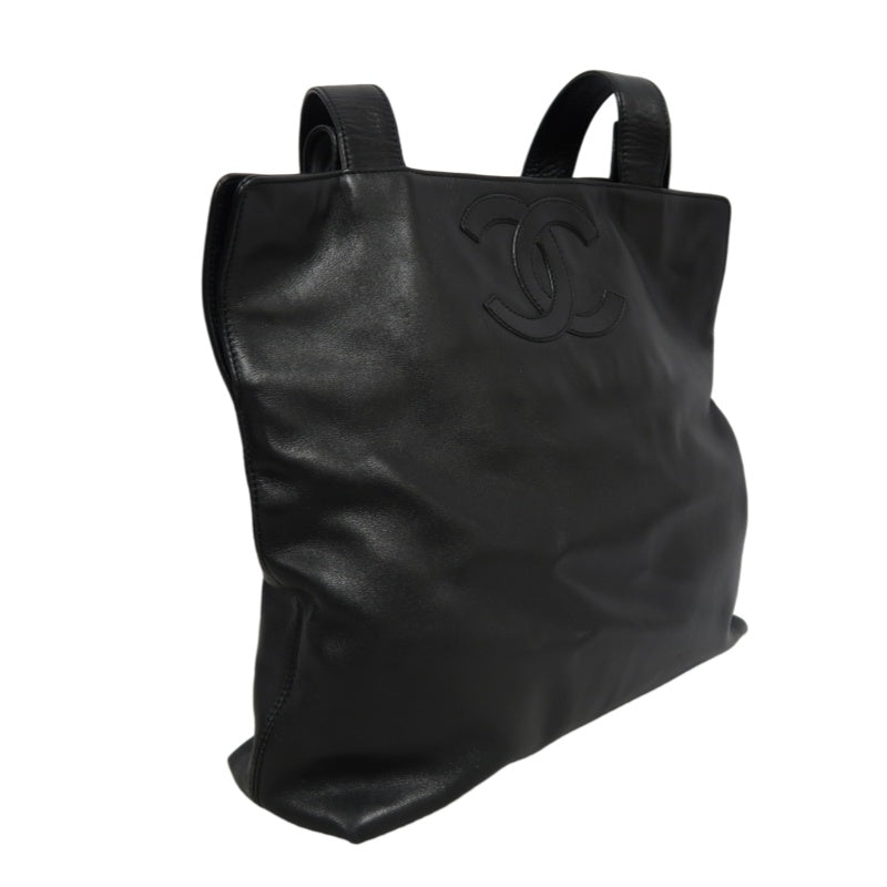 CHANEL Embossed CC Coco Logo Leather Tote Bag Black Silver Hardware
