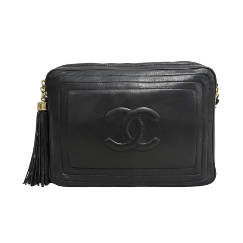 CHANEL Embossed CC Coco Logo Fringe Chain lambskin Shoulder Bag Black Gold Hardware