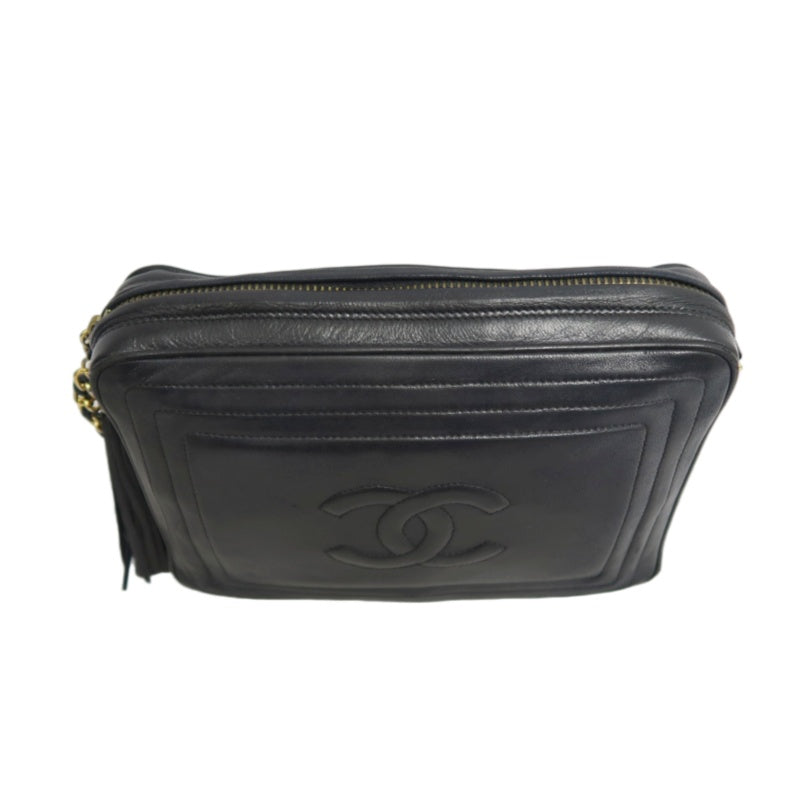 CHANEL Embossed CC Coco Logo Fringe Chain lambskin Shoulder Bag Black Gold Hardware