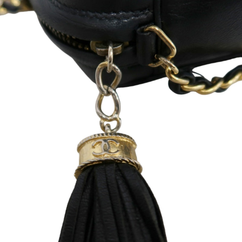 CHANEL Embossed CC Coco Logo Fringe Chain lambskin Shoulder Bag Black Gold Hardware