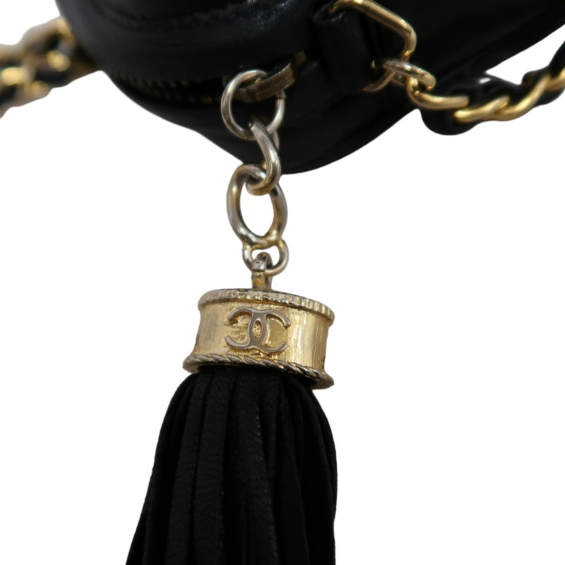 CHANEL Embossed CC Coco Logo Fringe Chain lambskin Shoulder Bag Black Gold Hardware