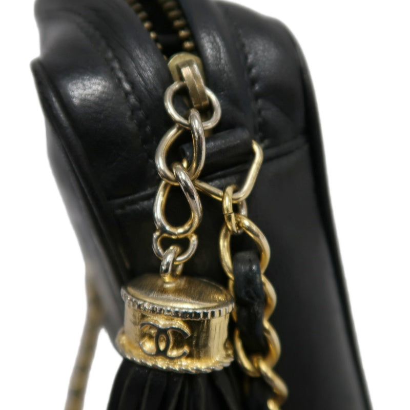 CHANEL Embossed CC Coco Logo Fringe Chain lambskin Shoulder Bag Black Gold Hardware