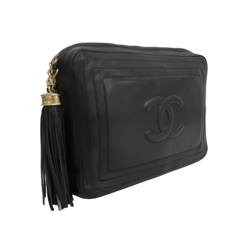 CHANEL Embossed CC Coco Logo Fringe Chain lambskin Shoulder Bag Black Gold Hardware