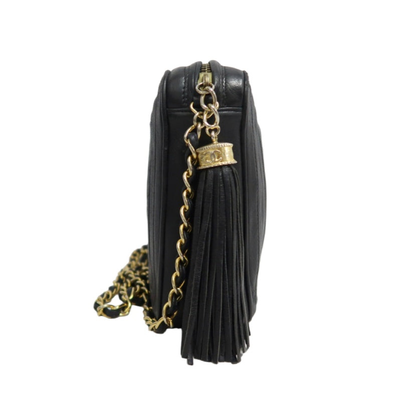 CHANEL Embossed CC Coco Logo Fringe Chain lambskin Shoulder Bag Black Gold Hardware