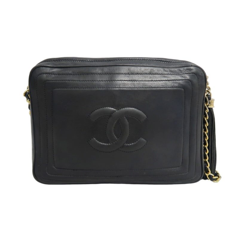 CHANEL Embossed CC Coco Logo Fringe Chain lambskin Shoulder Bag Black Gold Hardware