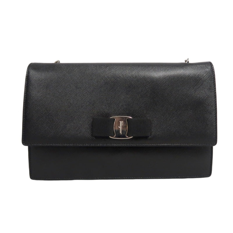 FERRAGAMO Vara Bow Chain  Shoulder Bag Black Silver Hardware