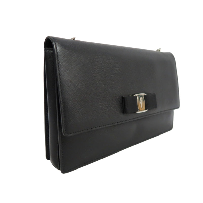 FERRAGAMO Vara Bow Chain  Shoulder Bag Black Silver Hardware
