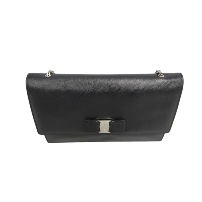 FERRAGAMO Vara Bow Chain  Shoulder Bag Black Silver Hardware