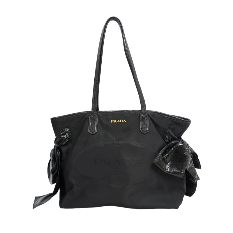 PRADA  Side Bow Detail Logo Nylon  Tote Bag  Black