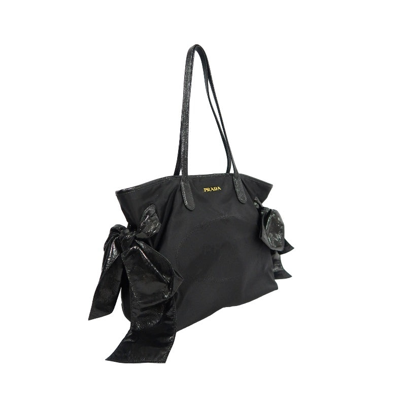 PRADA  Side Bow Detail Logo Nylon  Tote Bag  Black