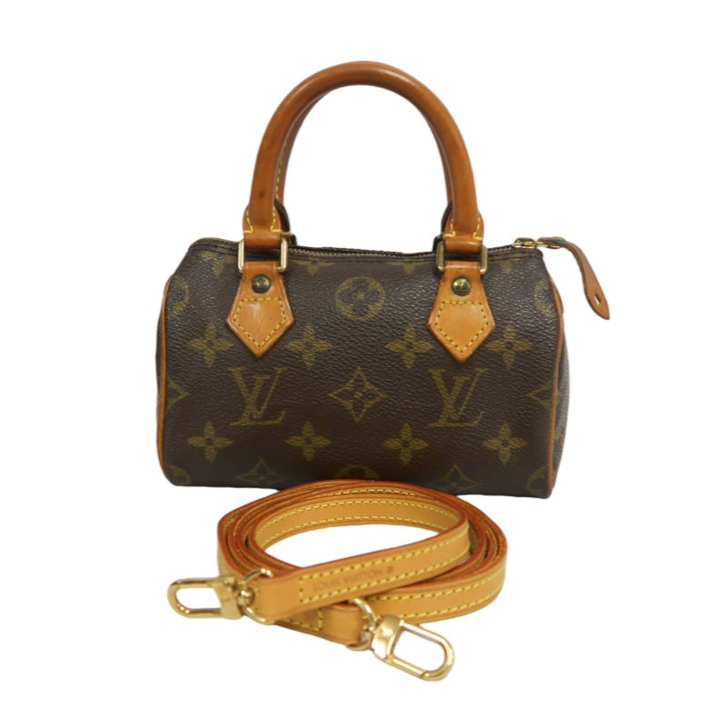 LOUIS VUITTON Monogram Canvas Leather Mini Speedy Mini Boston Handbag Brown Shoulder Strap