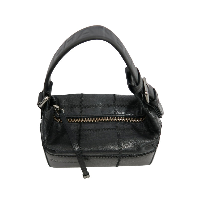 CHANEL Choco Bar One Shoulder Bag　 Black Leather 　Silver Hardware