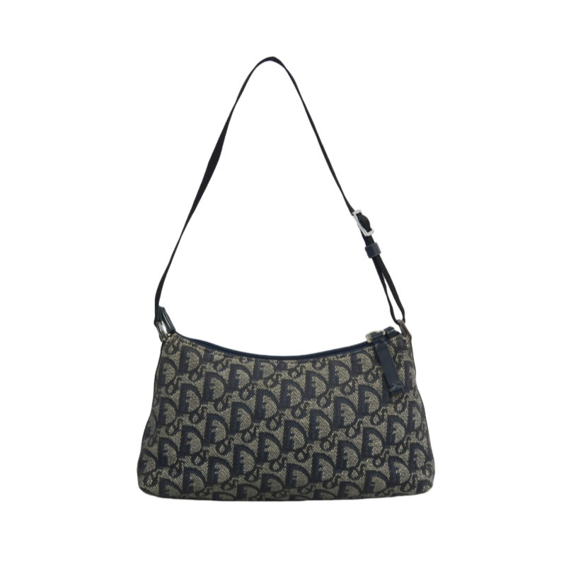CHRISTIAN DIOR Trotter Shoulder Bag Canvas Navy Silver Hardware
