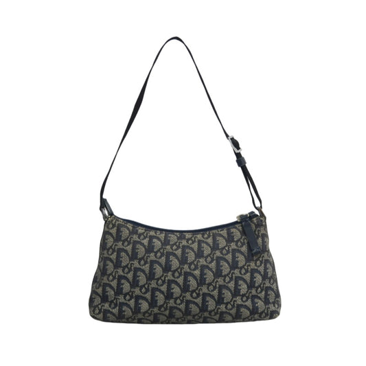 CHRISTIAN DIOR Trotter Shoulder Bag Canvas Navy Silver Hardware