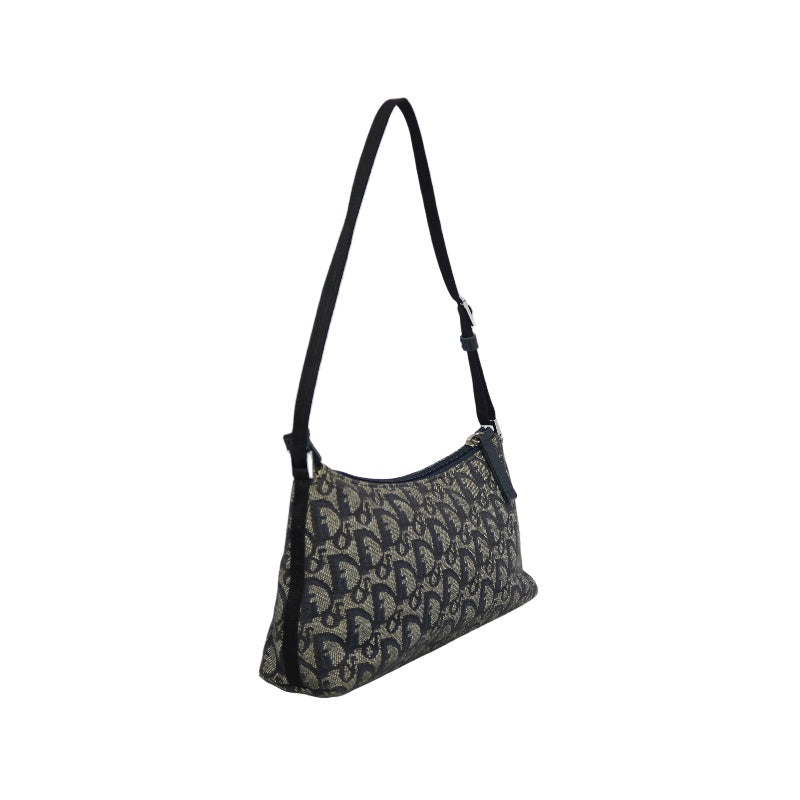 CHRISTIAN DIOR Trotter Shoulder Bag Canvas Navy Silver Hardware