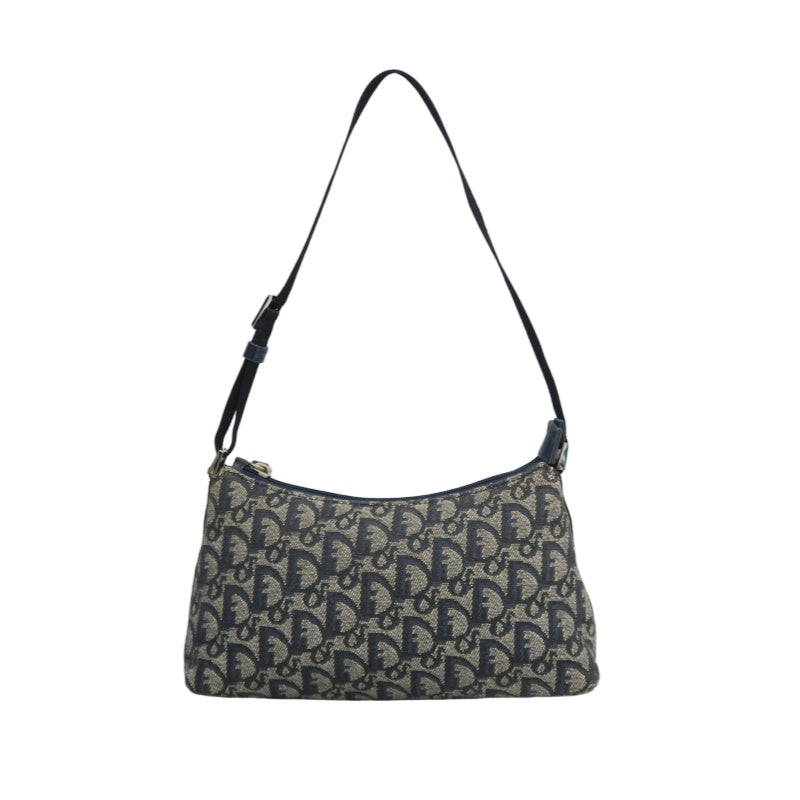 CHRISTIAN DIOR Trotter Shoulder Bag Canvas Navy Silver Hardware