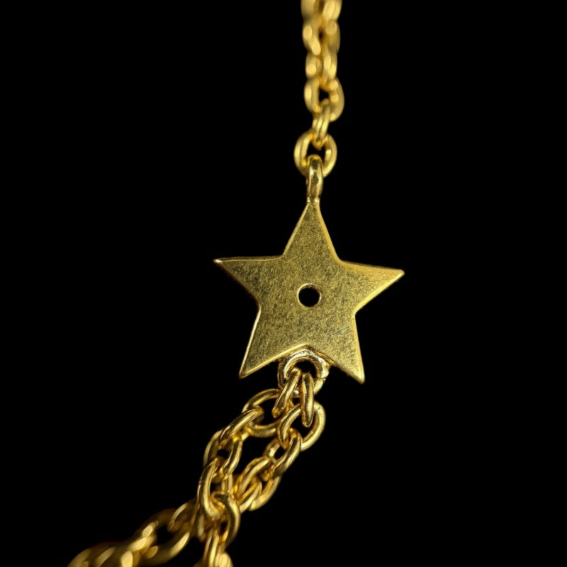 CHRISTIAN DIOR Logo Rhinestone Faux Pearl Necklace Accessory Gold Metal Double Chain Star Clover Bee Motif with Box & Dust Bag