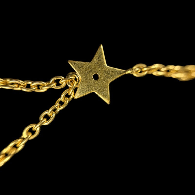 CHRISTIAN DIOR Logo Rhinestone Faux Pearl Necklace Accessory Gold Metal Double Chain Star Clover Bee Motif with Box & Dust Bag