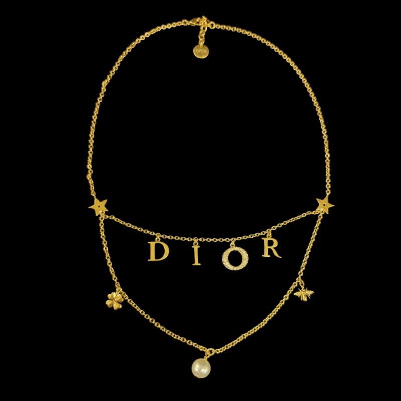 CHRISTIAN DIOR Logo Rhinestone Faux Pearl Necklace Accessory Gold Metal Double Chain Star Clover Bee Motif with Box & Dust Bag