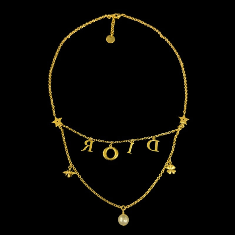 CHRISTIAN DIOR Logo Rhinestone Faux Pearl Necklace Accessory Gold Metal Double Chain Star Clover Bee Motif with Box & Dust Bag