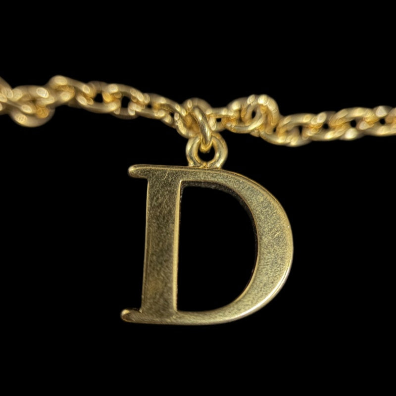 CHRISTIAN DIOR Logo Rhinestone Faux Pearl Necklace Accessory Gold Metal Double Chain Star Clover Bee Motif with Box & Dust Bag
