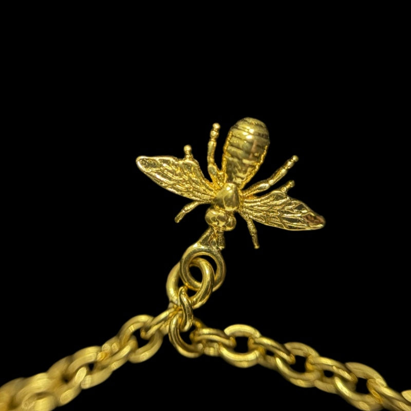 CHRISTIAN DIOR Logo Rhinestone Faux Pearl Necklace Accessory Gold Metal Double Chain Star Clover Bee Motif with Box & Dust Bag